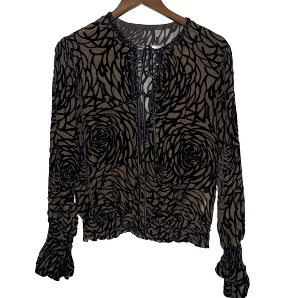 Manyus blouse burnout silk long-sleeved ties detail ruffled cuffs medium Y2K - Picture 1 of 5